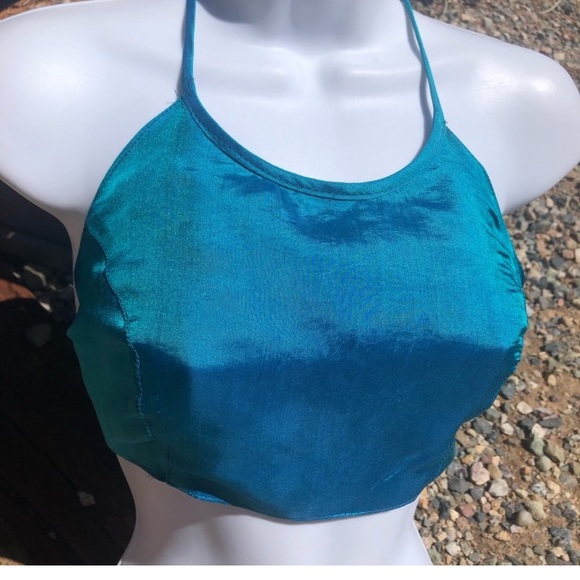 100% Silk Iridescent Halter Top Purple Blue Asian Print Belly Dance Boho - Picture 9 of 9